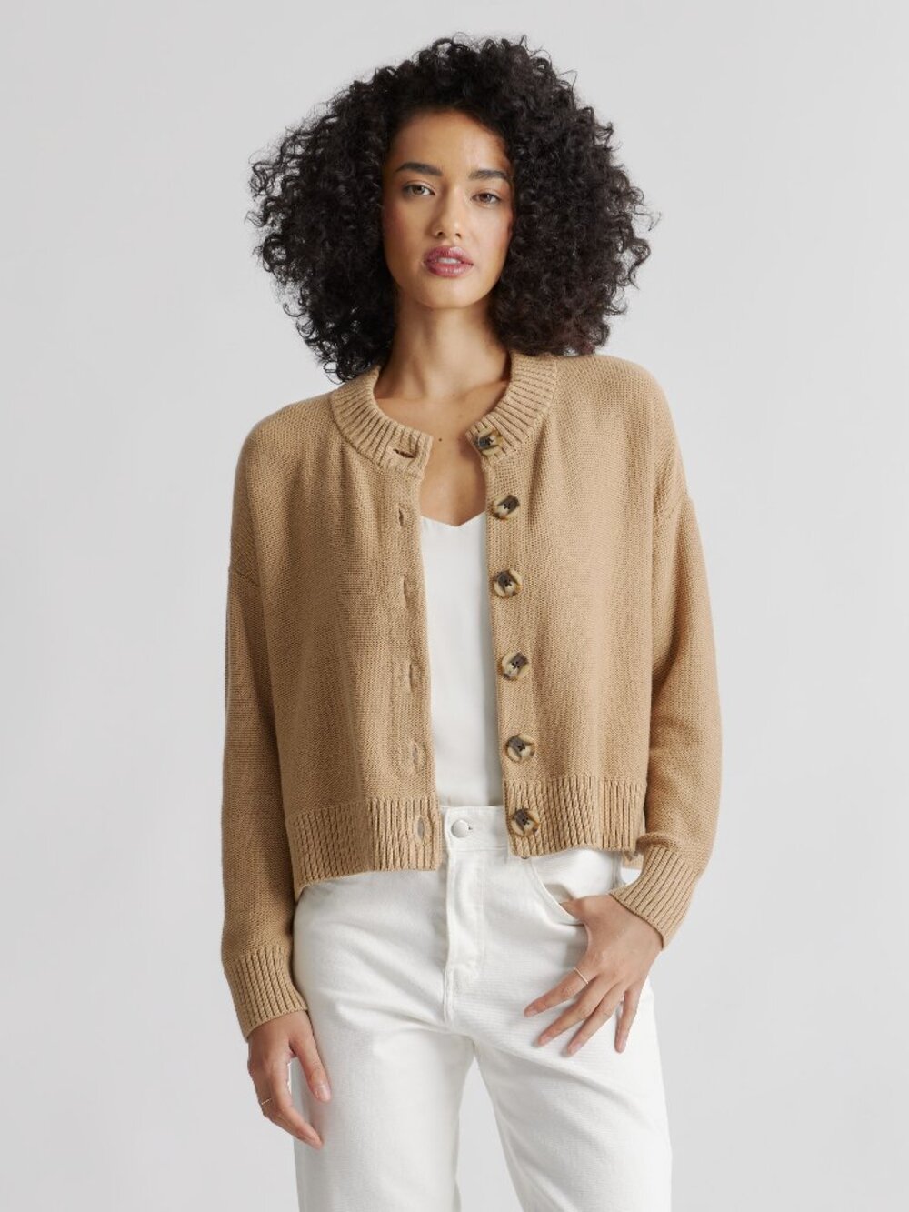 Organic Cotton Cropped Cardigan in Camel - Picture 2 of 10